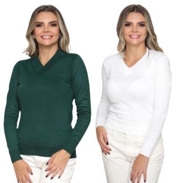 Imagem de Kit 2 Blusa Tricot Gola V Inverno Moda Casual - GIP, Verde, Branco, Ún
