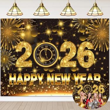 Imagem de 2026 Pano de fundo de faixa de feliz ano novo 2026 x 1,8 m preto e dourado com glitter para fotografia, fogos de artifício, decoração de festa de ano novo, suprimentos para fotos