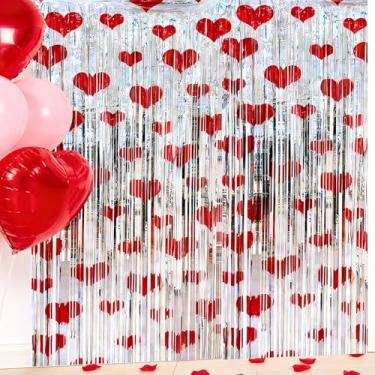 Imagem de MOUNTCLIM Cortina de alumínio para Dia dos Namorados, cenário de cortinas de franja de folha de coração, pacote com 4 cortinas de franja de tinsel prata vermelha para festa de fotos, casamentos