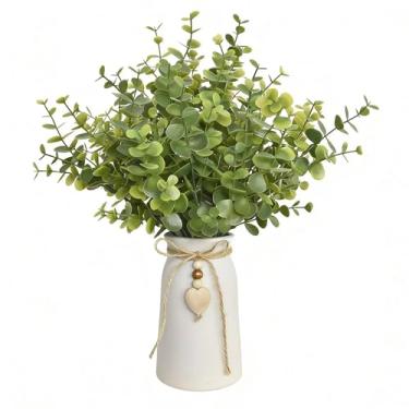 Imagem de Planta artificial de eucalipto em vaso de cerâmica branca, arranjo falso de eucalipto de 35,5 cm de altura com laço de barbante e pingente de coração de madeira, vegetação completa para decoração de