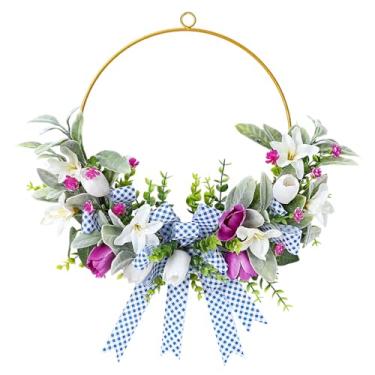 Imagem de Guirlandas artificiais de primavera para porta da frente, guirlandas de Páscoa de 38 cm com laço guingão, guirlanda floral de primavera de Páscoa com lírio de tulipa branco para casa, parede, janela