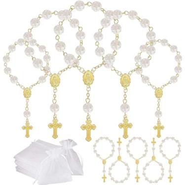 Imagem de Conjunto de 10 mini rosários de lembrancinhas de festa de batismo com bolsas de organza para batizado, casamentos, lembrancinhas de festa de primeira comunhão (rosa dourada)