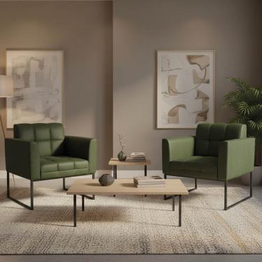 Imagem de Poltrona Sala Decorativa Kit 2 Elisa Base Industrial Preta Sintético PU Verde D03 - D'Rossi