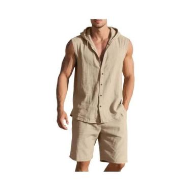 Imagem de Conjunto De Camisa Sem Mangas Com Capuz De Linho Para O Verão Masculin