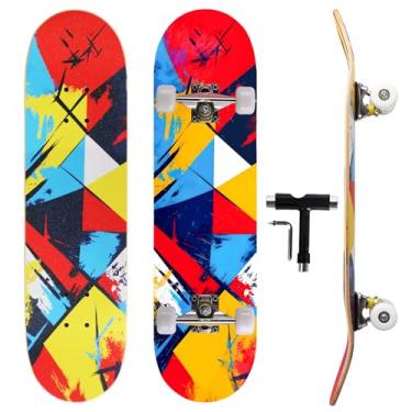 Imagem de Skate profissional de chute duplo, deck de bordo de 78,7 cm, rolamentos ABEC-9, rodas de poliuretano 95A, design gráfico personalizado (grade estilo grafite, 78,7 cm)