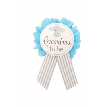 Imagem de Broche de elefante Grandma to be para chá de bebê It's a boy azul e cinza revelação de gênero, One Size, Fita de cetim cartolina