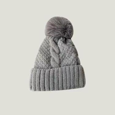 Imagem de Gorro Feminino Quente De Tricô Grosso Com Pompom De Pele Sintética, To