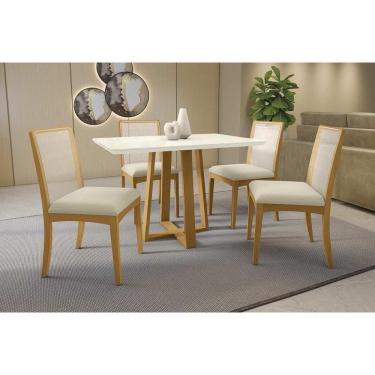 Imagem de Sala Jantar Mesa Elma Premium Madeira Maciça c/ Tampo Madeirado c/ Vidro 120x80cm e 4 Cadeiras Lara Carvalho/Off White - Linho Bege Argila-Kappesberg