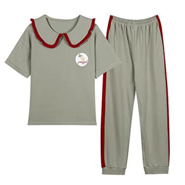 Imagem de 3FLQOOPP Conjunto de pijama feminino solto plus size feminino tops curtos + calças compridas 2 peças ternos pijama (A médio)