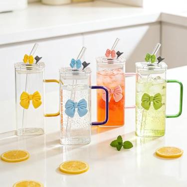 Imagem de Copo de vidro quadrado com tampas e canudos, copo de vidro resistente ao calor com alça e laço transparente para água, suco, café gelado, leite, chá