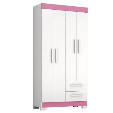 Imagem de Guarda Roupas Solteiro Juvenil 4 Portas 2 Gavetas Malta Branco / Rosa 