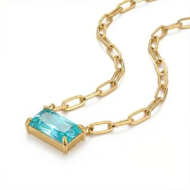 Imagem de DEPHINI Colar feminino banhado a ouro 18 k com clipe de papel – corrente de elos de aço inoxidável com pingente de zircônia cúbica – hipoalergênico, impermeável e ajustável para ela, Small, Metal