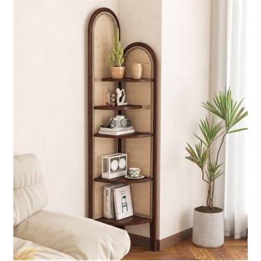 Imagem de Estante de canto de 5 camadas - Unidade de armazenamento de vime de madeira e resina em forma de leque, rack de exibição alto que economiza espaço para decoração de casa, prateleira de exibição de