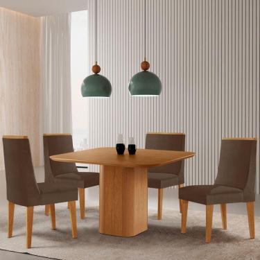 Imagem de Mesa De Jantar Eloise 90cm Tampo Mdf Com 4 Cadeiras Moderna Veludo Marrom/naturalle