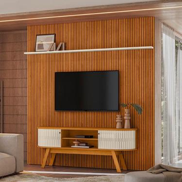 Imagem de Painel Tv 75 Pol 238cm Ripado Kalven Com Rack Bancada Enzari M20 - D'rossi Cinamomo(fosco)-off White(brilho)