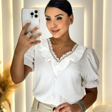Imagem de Blusa Feminina Social Manga Curta Bufante com Gola V Babado - G-Store,