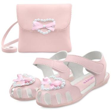 Imagem de Kit Sandália Feminina Infantil Menina Coração Com Bolsa Rosa Pérolas M