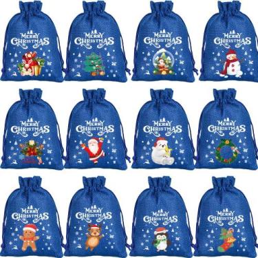 Imagem de Sacola de presente de Natal, pacote com 12 unidades, azul, com estampa