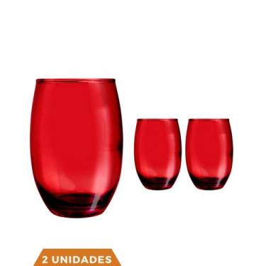 Imagem de 2 Copo Redondo Vidro Vermelho Mesa para Drinks e Sucos 450ml - PRATICA