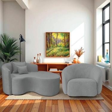Imagem de Kit Recamier Curvo Sala De Estar 150cm Lado Direito E Poltrona Orgânica Luxo Amore Bouclé Cinza