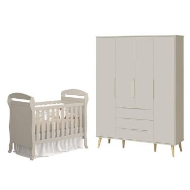 Imagem de Berço Americano Danny E Guarda Roupa 4 Portas Elfe Retrô Areia Acetinado Natural - Reller