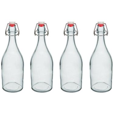 Imagem de KIT 4 GARRAFAS ÁGUA SUCO LEITE HOME&CO COM TRAVA NA TAMPA VIDRO 1L 29x9x9cm TRANSPARENTE