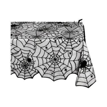 Imagem de Toalha De Mesa De Renda Preta Com Teia De Aranha E Aranhas Para Decora