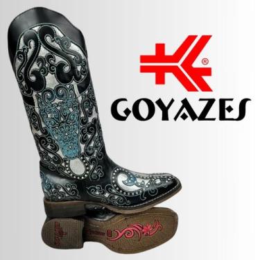 Imagem de Bota Country Feminina Goyazes Couro Legítimo Preto Bico Quadrado Detal