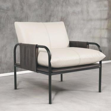 Imagem de Poltrona de Couro Legítimo Mona com pés em Metal Branco/Preto - LEME M