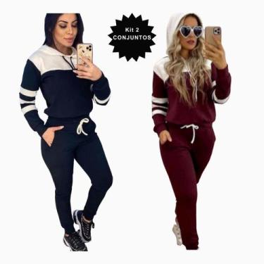 Imagem de Kit com 2 Conjuntos de Frio Feminino Calça + Blusa Moletom Malha Crepe