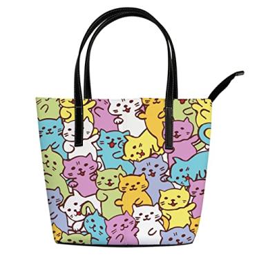 Imagem de ColourLife Bolsa Tote de couro com estampa de gato engraçada alça de ombro presente para mulheres meninas escola viagem mochila mochila
