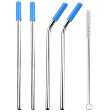 Imagem de Canudos Aço Inox Milk Shake Silicone 7mm kit 4 Reutilizaveis Azul Claro