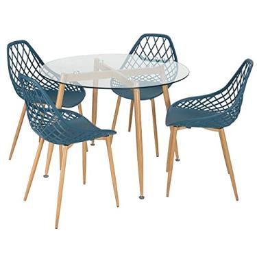 Imagem de Loft7, Mesa redonda com tampo de vidro 100 cm + 4 cadeiras Clarice Cloe Azul petróleo
