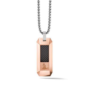 Imagem de Bulova Colar de corrente de elos de caixa redonda Grammy latina masculina com etiqueta de cachorro em ouro rosa com pingente de fibra de carbono preto estilo pingente: J98N006, One size, Metal não precioso, Sem Pedra