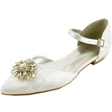 Imagem de Sapato feminino com strass cadarço bico fino sapatos de noiva tira no tornozelo sapatilha para mulheres bico fechado, Marfim, 6