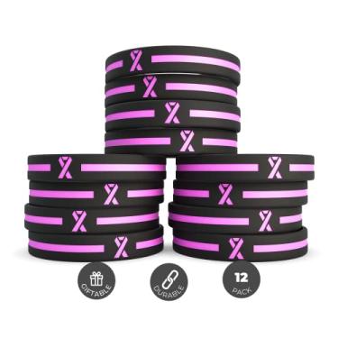 Imagem de (pacote com 12) Pulseiras de silicone para conscientização do câncer de mama rosa - Pacote de de 1 dúzia de pulseiras unissex para homens e mulheres - Cancer Survivor Presentes hospitalares Presentes de festa Presentes de guloseimas