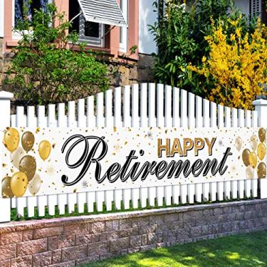 Imagem de LASKYER Banner de placa de quintal dourada Happy Retirement - pano de fundo fotográfico de parede de casa "Cheers to Retirement", decorações de festa de despedida de adeus (3 m x 4 m)