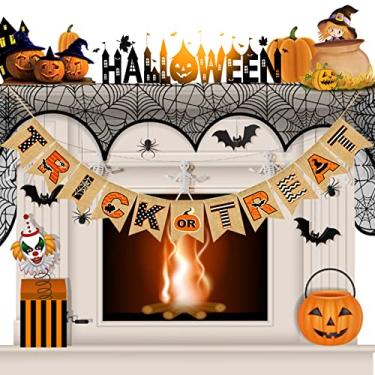 Imagem de Banner de Halloween decoração de lareira de serapilheira ou travessuras de Halloween, banner multicolorido de decorações de Halloween para lareira de parede varanda e festa