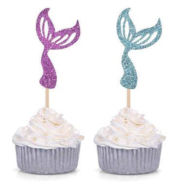 Imagem de Set of 24 Glitter Purple / Blue Mermaid Tail Cupcake Toppers Kids Theme Party Decor - by Giuffi
