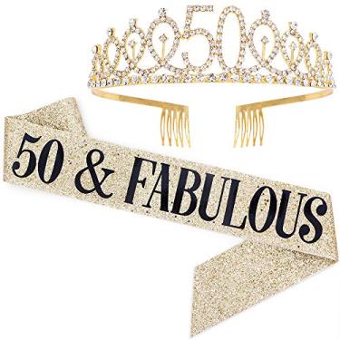Imagem de Conjunto de tiara "50 e fabulosa" faixa e strass - faixa de aniversário de 50 anos 50 presentes de aniversário lembranças de festa