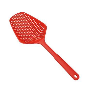 Imagem de Coador grande colher de cabo longo escorredor colher de drenagem coador de macarrão cozinha para espaguete, macarrão, vegetais, 34 cm vermelho