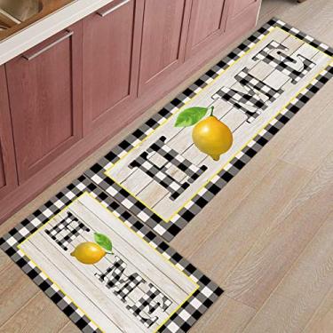 Imagem de Tapete de corredor de cozinha, amarelo fresco limão casa preto branco búfalo xadrez grão de madeira retrô antiderrapante tapete tapete de porta tapete para quarto cabeceira lavanderia conjunto de 2