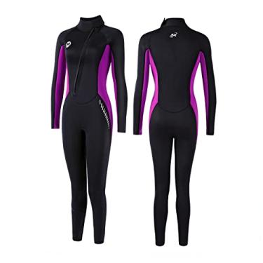 Imagem de Fatos molhados para mulheres corpo inteiro 3 mm neoprene roupa de mergulho roupa de mergulho manga comprida zíper frontal maiô térmico de uma peça para surfe, snorkeling caiaque natação canoagem, roxo, GG