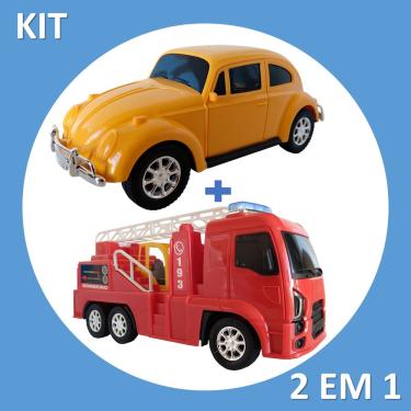 Imagem de Caminhão Bombeiro e Fusca kit 2 em 1 brinquedo carrinho criança menino menina presente lindo barato promoção oferta combo coleção
