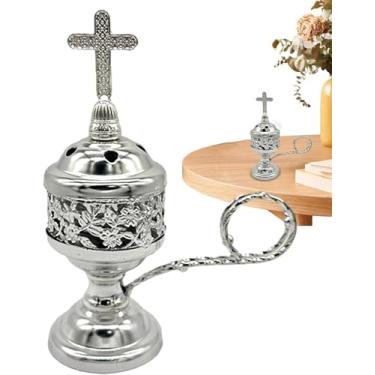 Imagem de CROKZ Queimador de Incenso de Metal com Cruz, Pequeno, Durável, para Queimar Incenso de Olibano, para Uso Doméstico e em Igrejas