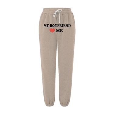 Imagem de My Boyfriend Love Calças de moletom outono/inverno roupas para mulheres estampado bolso cintura elástica moletom de lã (caqui, GG)