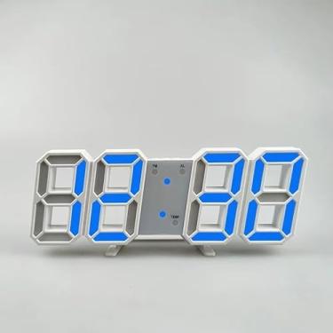 Imagem de Relógio de parede LED 3D de qualidade moderno relógio de mesa de parede digital relógio despertador de mesa relógio de parede com luz noturna para sala de estar em casa (cor: branco x azul, tamanho: