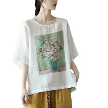 Imagem de Camiseta feminina étnica bordada urbana roupas casuais, Flores brancas, M