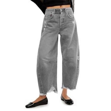 Imagem de Cicy Bell Calça jeans feminina folgada de perna larga barril ferradura boyfriend cropped bainha crua calça jeans, Cinza, 7