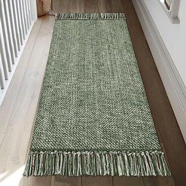 Imagem de Collive Tapete de corredor de cozinha, tapete lavável reversível tecido à mão, verde oliva/creme algodão, moderno, casa de fazenda, banheiro, tapete de corredor para hall de entrada, quarto, decoração de porta traseira